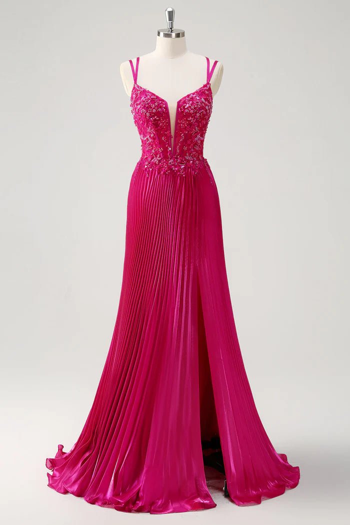 Robe Weitese Fuchsia Scintillante A-Line Longue Robe Maxi En Dentelle Robe De Bal Sans Manches Robe De Soirée Plissée
